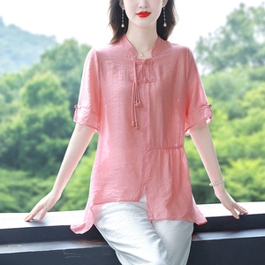 中国风棉麻短袖衬衫女夏季2024年新款旗袍式盘扣小衫妈妈遮肚上衣