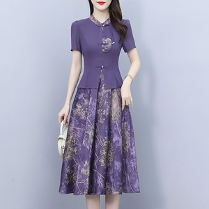 中国风紫色假两件连衣裙女夏季2024年新款贵夫人复古气质碎花裙子