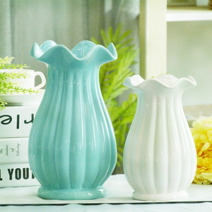 插百合花瓶荷叶边白色蓝色陶瓷摆件创意干花水培水养花器客厅插花