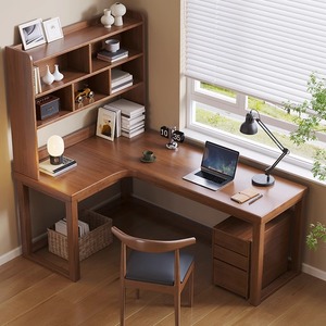 百思宜实木转角带书架书桌双人7字型办公桌子家用拐角电脑桌L型