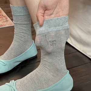 "miu系氛围感"灰色袜子女中筒袜纯棉夏季薄款镂空芭蕾风堆堆长袜