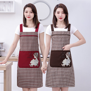 韩版女士时尚细纱棉布围裙家用厨房做饭新款洋气格子透气背带围腰