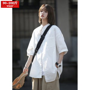 胖mm白色立领短袖衬衫女夏季宽松休闲新中式日系复古衬衣大码女装