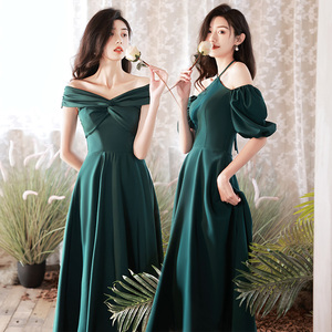 墨绿色缎面伴娘服高级小众平时可穿长款姐妹团晚礼服裙女冬季显瘦