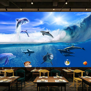 3d餐厅水族馆海底世界墙纸酒店民宿海洋鲨鱼壁纸客厅鲸鱼海豚壁画