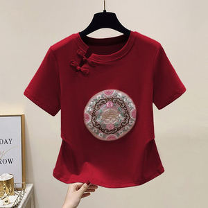 小个子红色短袖t恤女2024新款爆款夏季薄款新中式国风不规则上衣