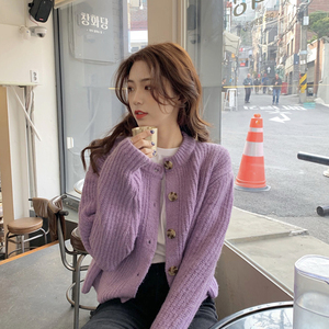 温柔风紫色针织开衫外套女2020新款春秋韩版加厚洋气宽松外穿毛衣