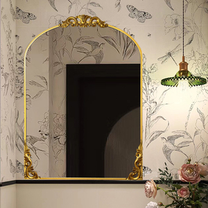 法式拱形浴室镜复古角花卫浴镜挂墙欧式轻奢化妆镜LED卫生间镜子