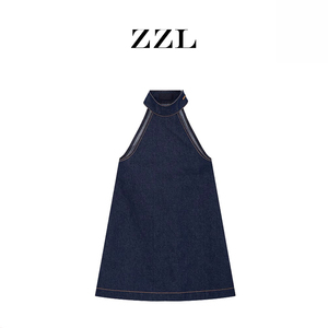 ZZL 古力娜扎同款 设计感无袖挂脖牛仔连衣裙女气质独特绝美短裙