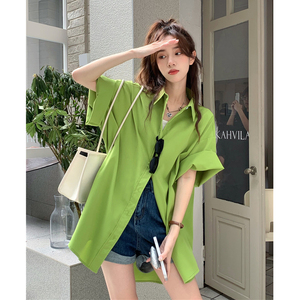 oversize绿色短袖衬衫女设计感小众宽松bf慵懒风中长款衬衣外套夏