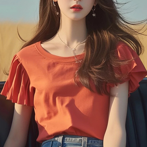 时尚轻熟风橙红色圆领荷叶边短袖T恤女夏季款别致设计感绝美小衫