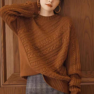 高级感超好看的毛衣女冬季日系慵懒复古外穿焦糖色绞花羊毛针织衫
