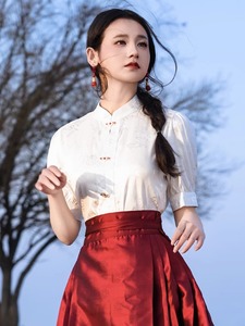 新中式国风淑女气质对襟立领衬衫夏季短袖马面裙搭配的上衣复古女