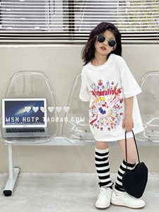2023韩国童装夏季新款亲子装短袖T恤长款美少女T恤蝴蝶结百搭洋气
