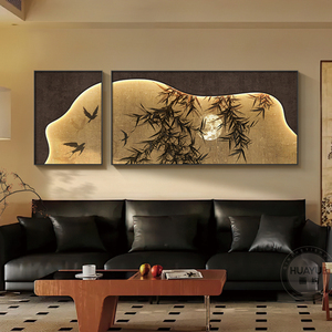 中古风墨竹客厅装饰画高级感竹子沙发背景墙挂画法式复古组合壁画