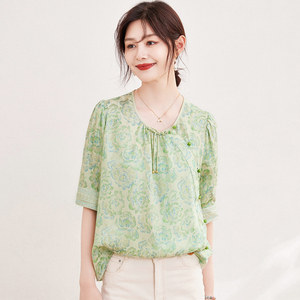 重磅真丝花萝提花短袖衬衫新中式国风绿色印花高端圆领小衫女上衣