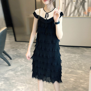 黑色名媛蕾丝蛋糕连衣裙女设计感时髦无袖裙子2024年夏季新款欧货