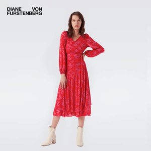 DVF 女士V领蛋糕裙抽象印花长袖弹力网纱修身连衣裙DL4P017
