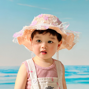 女宝宝防晒帽子夏季薄款大檐蕾丝小孩纯棉草帽女童婴儿遮阳太阳帽