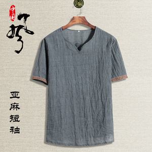 中国风男装棉麻T恤夏季宽松汉服短袖古风上衣中式复古唐装亚麻t恤