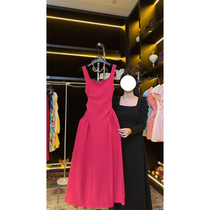 2024夏季新款法式时尚修身气质高级连衣裙女装小个子玫红色长裙子