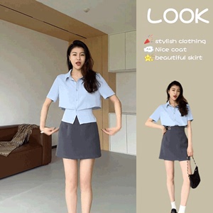 韩版气质假两件系带收腰短衬衫女装2024夏季新款洋气半裙两件套装