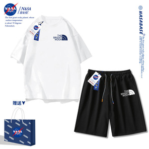NASA联名2023短袖套装男女夏季潮牌学生情侣搭配长裤休闲上衣女