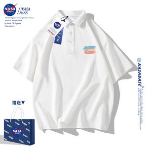 NASA联名polo衫男短袖t恤潮牌男装翻领2024新款宽松白色半袖上衣