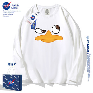 NASA联名美式新款搞怪鸭子设计印花长袖T恤男女宽松春秋季上衣ins