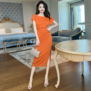 欧洲站橙色连衣裙2024夏新款正式场合通勤女装高级感修身包臀裙子