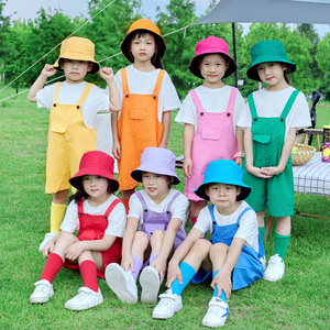 六一儿童彩色背带短裤表演出服男女童夏季套装毕业舞蹈合唱啦啦队