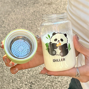 熊猫玻璃水杯女高颜值2024新款学生高硼硅杯子可爱小巧迷你牛奶杯