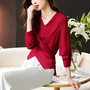 女款衬衣红色本命年小衫高端大牌设计感雪纺衫春季不规则长袖T恤