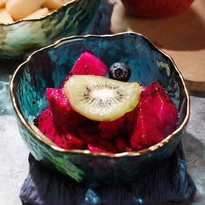沙拉碗水果碗玻璃碗透明日式可爱金边粉色墨绿果盘过年用的碗餐具