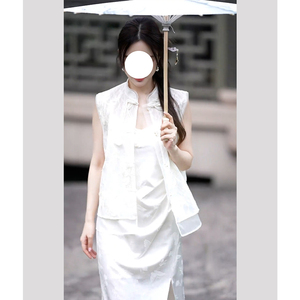 李小璐同款新中式国风气质白色马甲连衣裙套装2024夏季搭配一整套