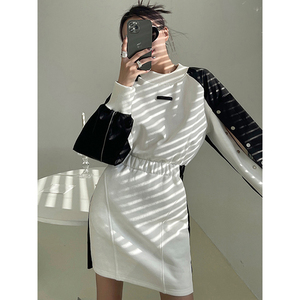 黑白拼接连衣裙女2024年秋季法式复古高级设计感假两件显瘦卫衣裙