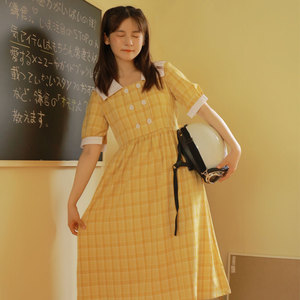 可盐可甜自制日系少女海军领黄色格子连衣裙显瘦中长裙夏新款学生