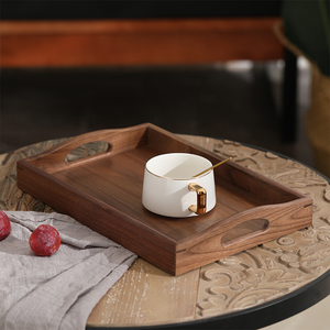 高档欧式黑胡桃木制托盘长方形手提家用茶盘水杯放茶杯托盘木餐盘