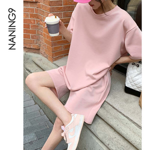 NANING9 夏季新款韩版运动风浅粉短袖上衣休闲短裤套装两件套