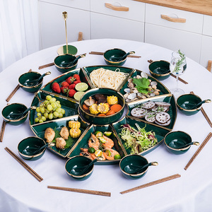 轻奢祖母绿陶瓷拼盘餐具过年家用组合创意网红圆桌摆盘盘子套装