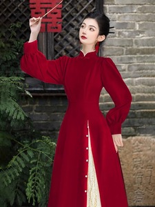 原创新中式国风珍珠领改良日常秋冬加厚旗袍连衣裙红色订婚小礼服