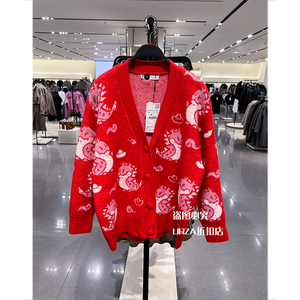 ZARA KISS春季新品女装甜美宽松龙年图案红色毛衣针织开衫9598008