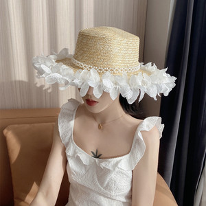 日系可爱雪纺褶皱花边珍珠麦秆草帽女夏天遮阳拍照造型新娘礼帽子