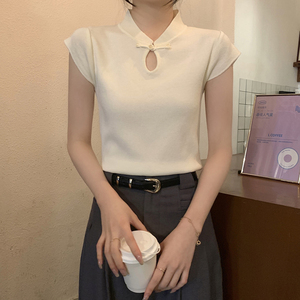 新中式国风盘扣短袖t恤针织衫女夏季修身镂空设计感立领正肩上衣