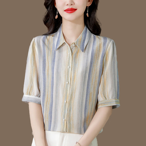 杭州真丝衬衫女短袖2024夏装新款时尚条纹衬衣气质翻领桑蚕丝上衣