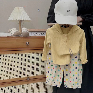 女宝宝韩版套装春季新款小女孩连帽长袖T恤打底衫+波点裤两件套潮