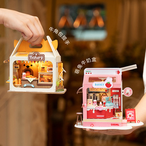 若来小屋diy手工木质积木模型房子面包牛奶盒子迷你商店儿童玩具