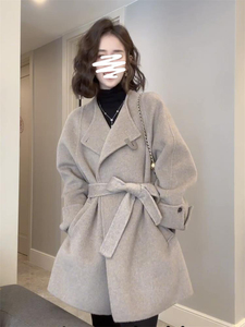 韩版洋气中长款气质毛呢大衣女高级感秋冬新款修身显瘦腰带外套潮