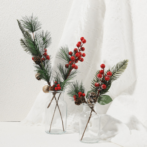 圣诞红果松果插枝仿真松针插花桌面拍摄道具花环配件圣诞树装饰品