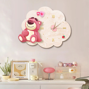 奶油风草莓熊餐厅钟表装饰画静音玄关客厅钟表画挂墙家用时钟壁画